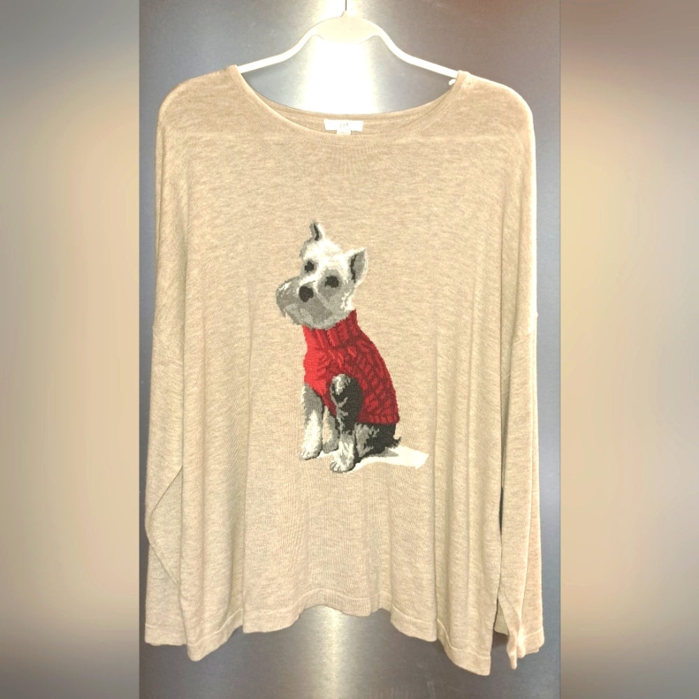 J. Jill Long Sleeve Beige Oatmeal Weston The Dog Terrier Sweater Top LRG PET